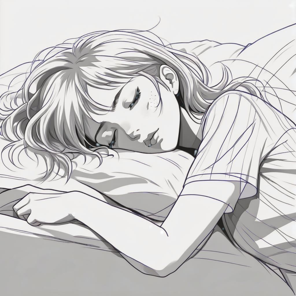  line art drawing sleeping girl, same nightmare. anime style . professional, sleek, modern, minimalist, graphic, line art, vector graphics