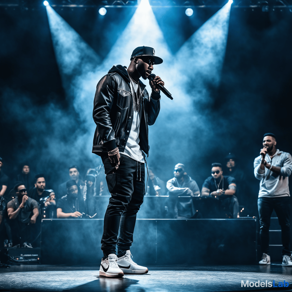  a rapper having stage concert with too crowd and amazing lightning hyperrealistic, full body, detailed clothing, highly detailed, cinematic lighting, stunningly beautiful, intricate, sharp focus, f/1. 8, 85mm, (centered image composition), (professionally color graded), ((bright soft diffused light)), volumetric fog, trending on instagram, trending on tumblr, HDR 4K, 8K