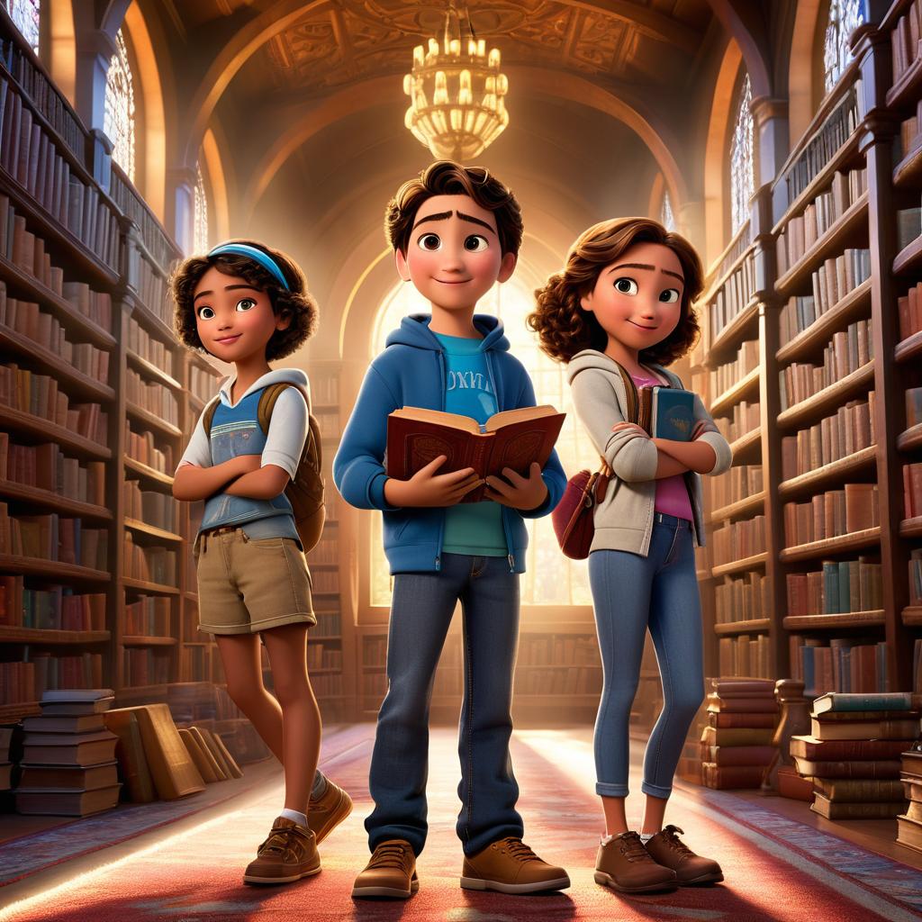  in 3d animated movie style. disney pixar style. dilan, nora, and erik surrounded by ancient tomes and texts of various civilizations in a magical library. dilan, 11, in a blend of 15th century turkish and modern attire. nora, 12, tech savvy in jeans and a hoodie. erik, 10, spirited in shorts and a cap. high res pixar 3d style with rich browns, golds, and diffused lighting. dynamic corner view capturing the trio's curiosity and friendship amidst the inviting glow.