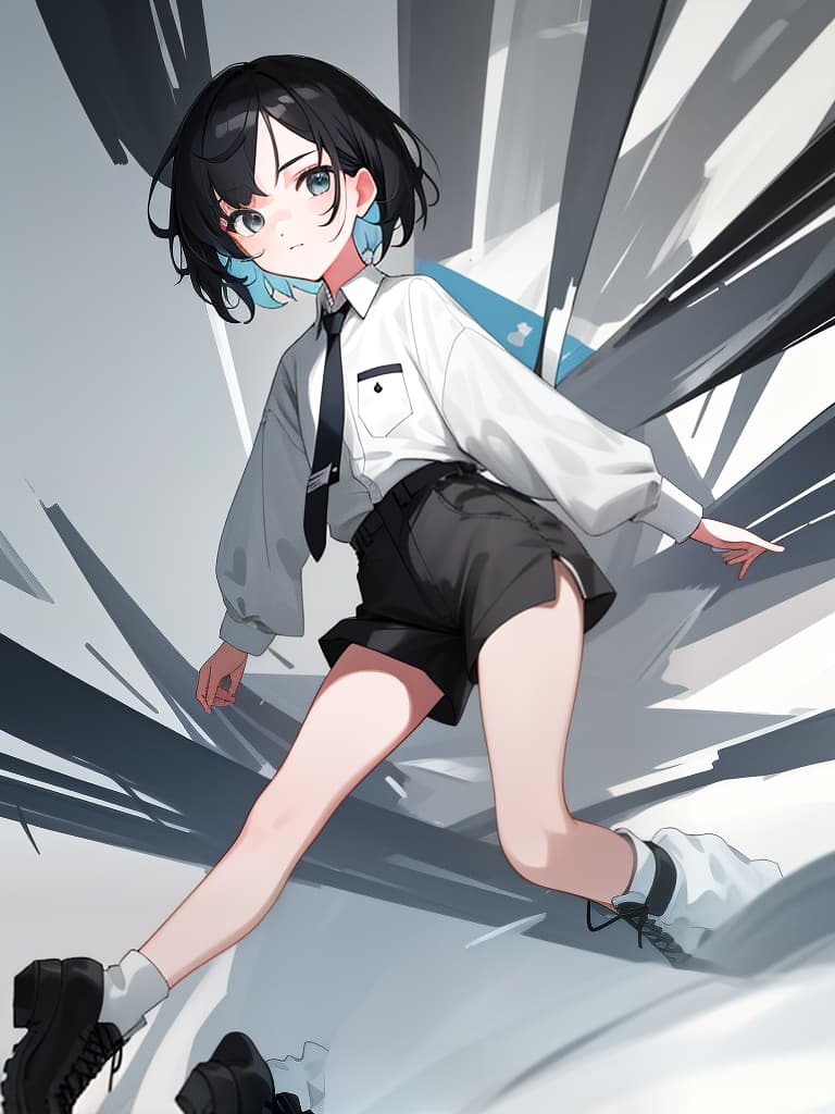  boyish girl, white shirt, tie, boots, black shorts, masterpiece, best quality,8k,ultra detailed,high resolution,an extremely delicate and beautiful,hyper detail