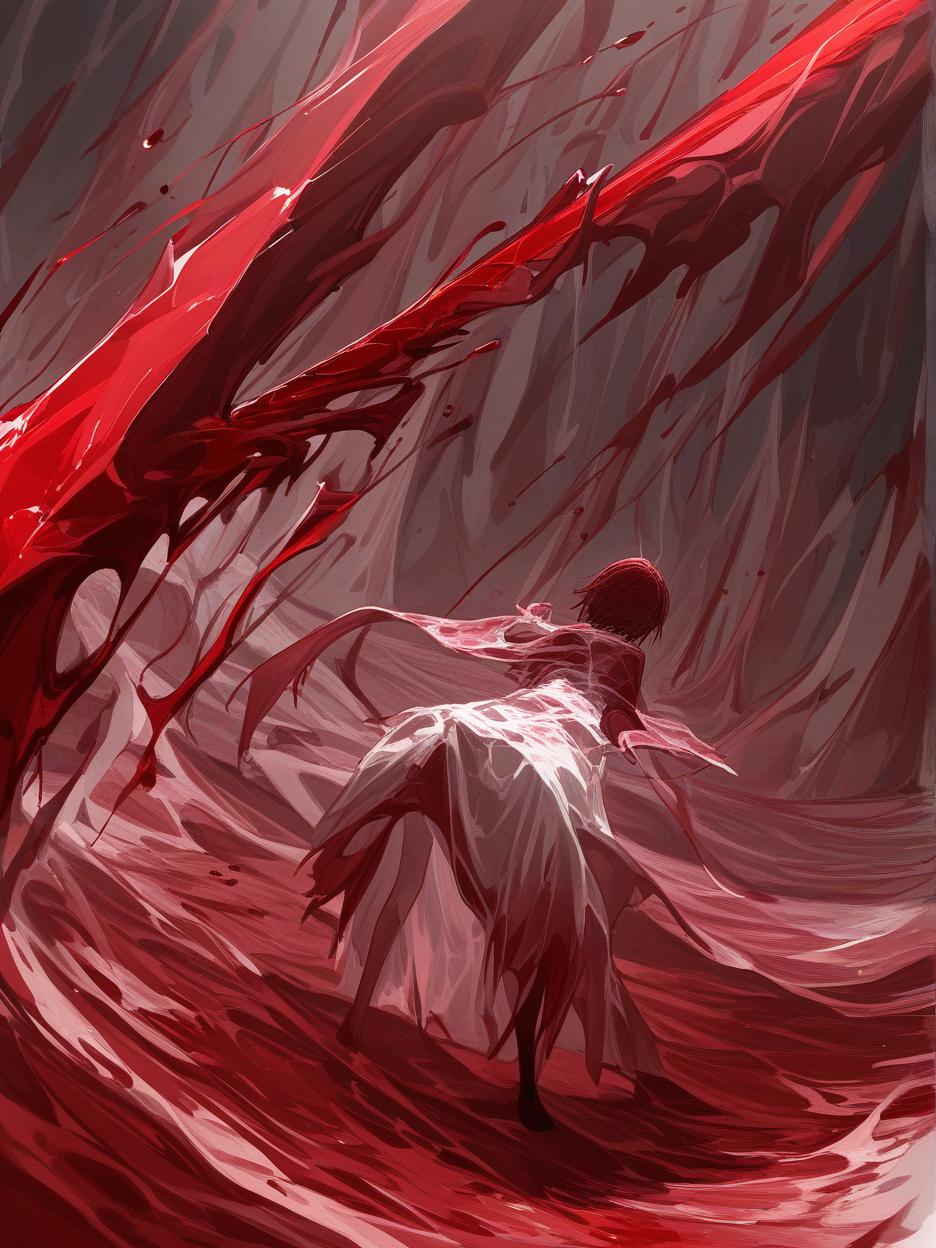  create for me an image of a giant blood sword, it is stuck in the ground with blood swirling around it. the red sand floor being pushed by the swirling force of blood and crystals in the background, with clear skies. . best quality, high resolution