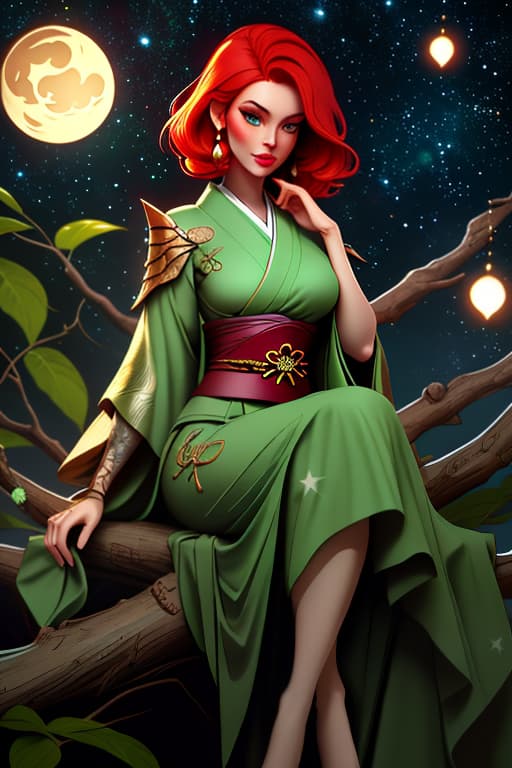  A tall woman. With short red hair and green eyes. Her body is covered in tattoos. Small breasts. Wearing a dark green kimono. No shoes. Sitting on a large tree branch and looking at the starry night sky., dark , creepy , blood , monsters , by Jason Engle , Carlos Huante , Charlie Bowater , Simon Lee , Brom hyperrealistic, full body, detailed clothing, highly detailed, cinematic lighting, stunningly beautiful, intricate, sharp focus, f/1. 8, 85mm, (centered image composition), (professionally color graded), ((bright soft diffused light)), volumetric fog, trending on instagram, trending on tumblr, HDR 4K, 8K