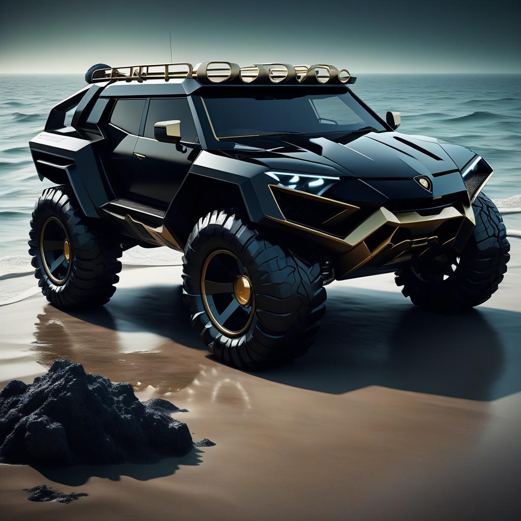  nautical themed retro futuristic, black, brutal suv, reminiscent of the lamborghini lm 002 . sea, ocean, ships, maritime, beach, marine life, highly detailed