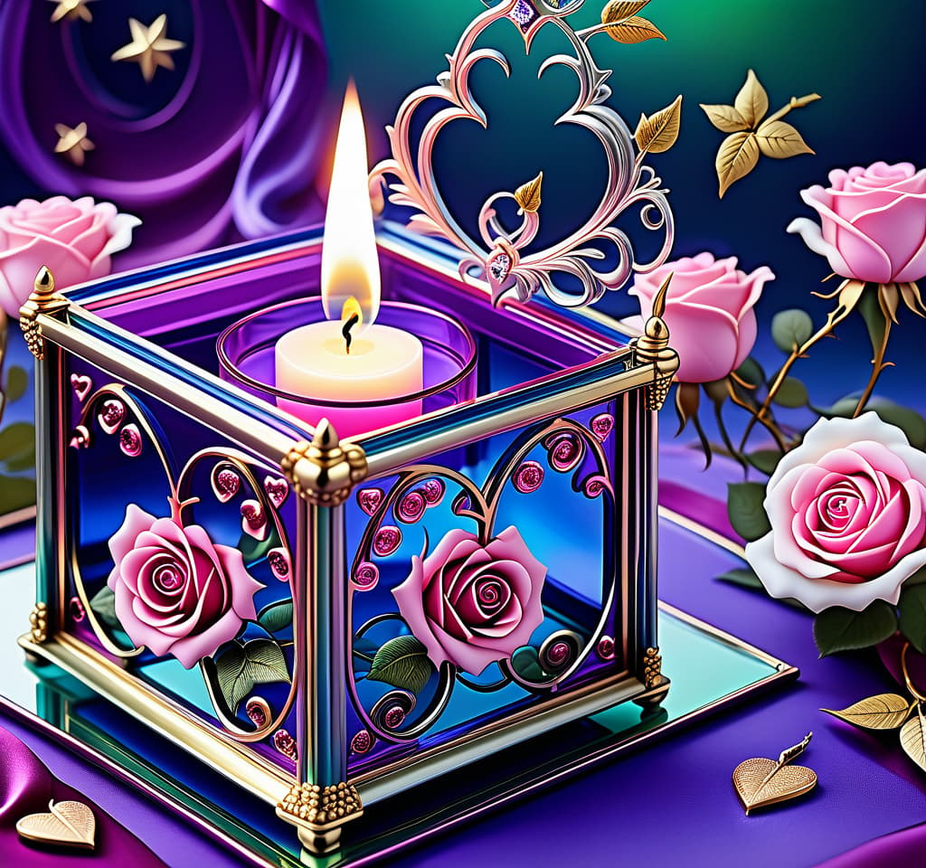  dreamscape (background):colour:violet blue. (background decoration):silver frames in the shape of hearts and gold fancy stars. (centre):glass square pink candlestick and lighter decorated with fancy roses. (rose colour):pink, dark pink, with cream border. (leaf colour):dark green, green blue, light green. (style):fantasy, fantasy art design, jewellery, interior. . surreal, ethereal, dreamy, mysterious, fantasy, highly detailed, civitai, hkmagic