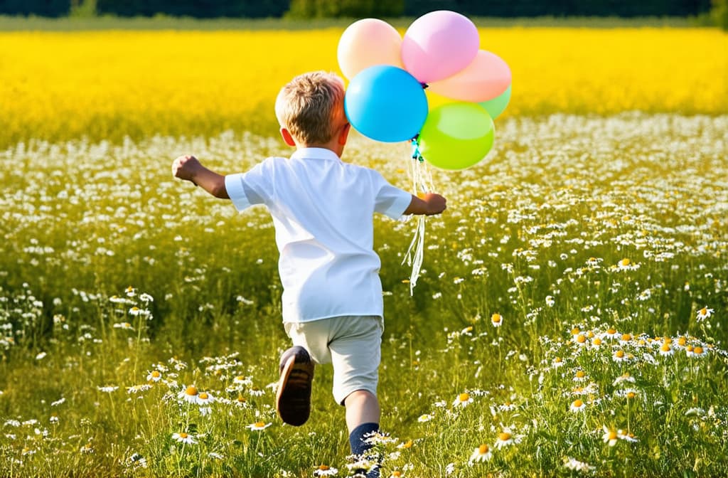  professional detailed photography, a little boy in white clothes runs through a field of chamomile and holds a bunch of colorful balloons in his hand ar 3:2, (muted colors, dim colors, soothing tones), (vsco:0.3)