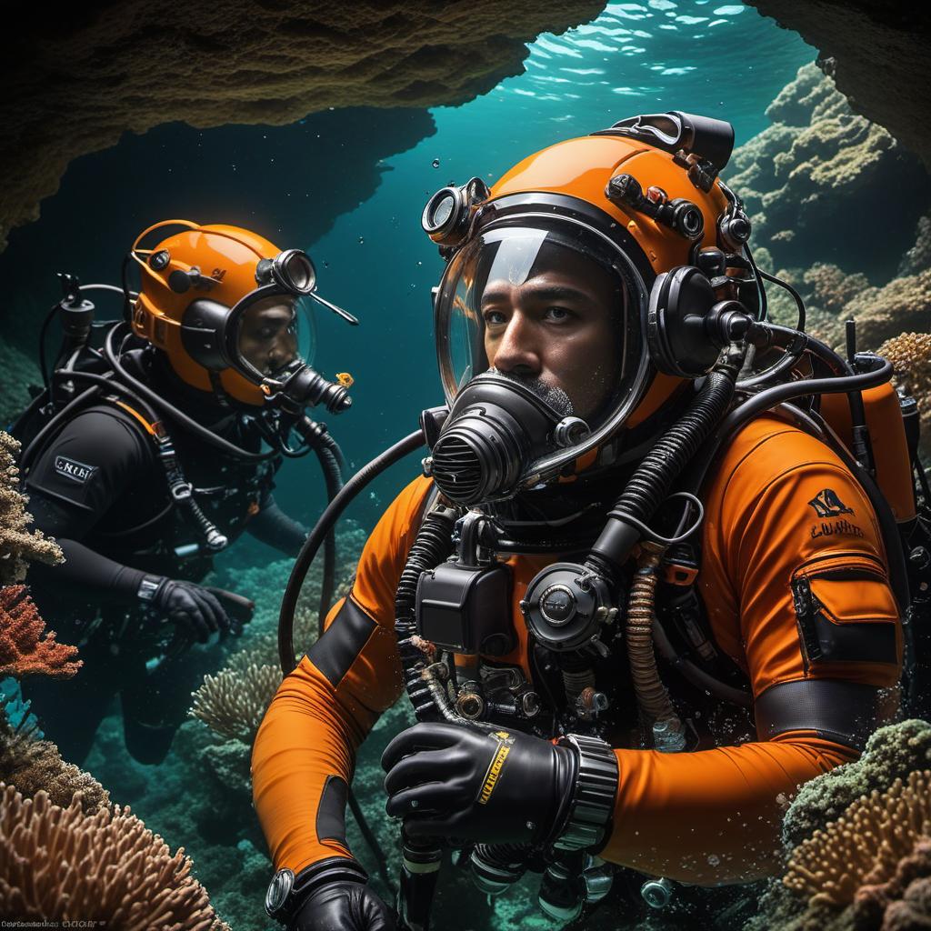  jb name, male, rebreather diver, thick loops, helmet in orange, cave diver, underwater, face view diver, fresh water, shoulder view, jb, mythological style