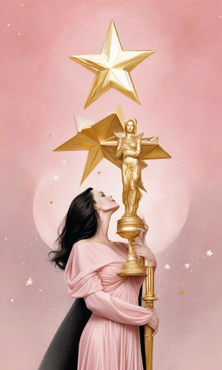  concept art pink, gold, black, white angelina jolie holds a star in her arms . digital artwork, illustrative, painterly, matte painting, highly detailed, perfect hands