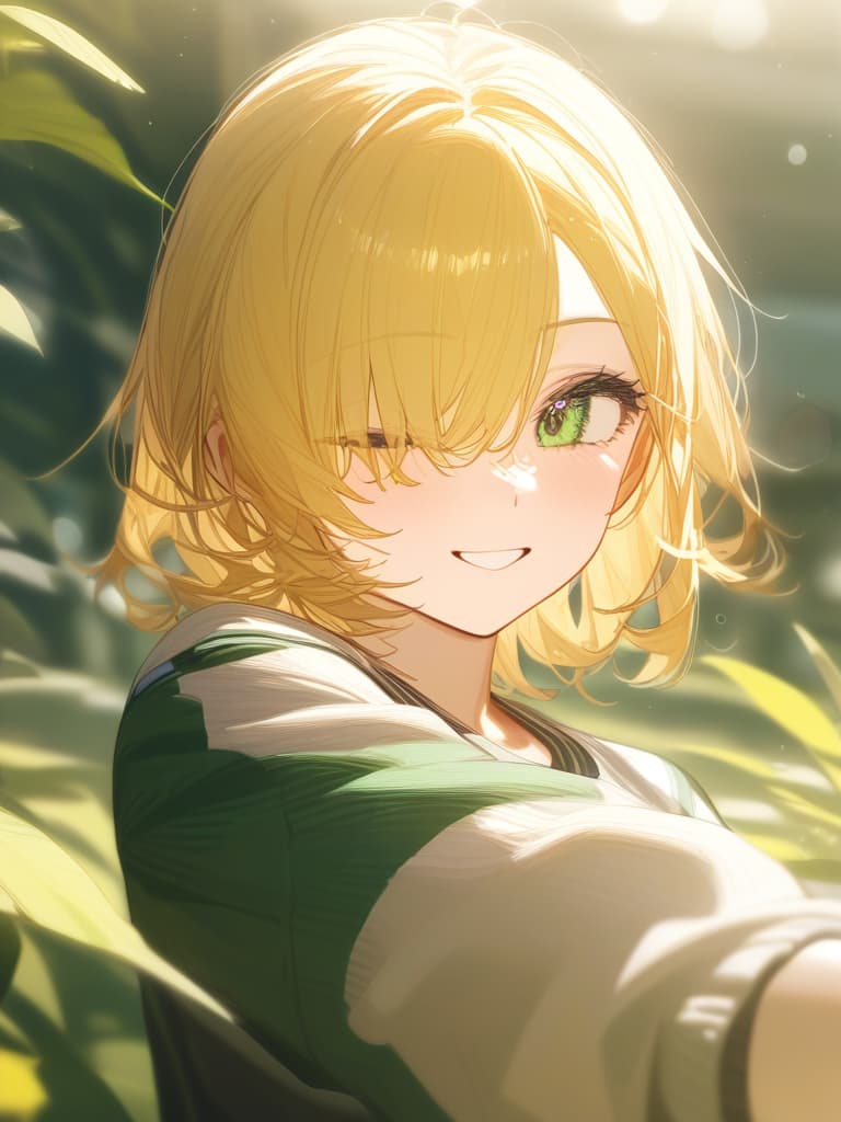  boys, jerseys, blondes, games, smiles, short hair, one eye, eye colored green, jersey clothes, mash hair, masterpiece, best quality,8k,ultra detailed,high resolution,an extremely delicate and beautiful,hyper detail