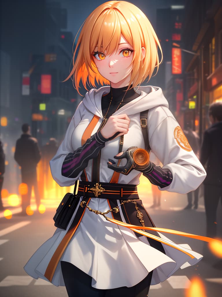  short bob, cool system, boyish, blonde, hoodie, upper body only, skinny pants, sings, streets, orange eye, active, delicate, purple and orange gradation background, masterpiece, best quality,8k,ultra detailed,high resolution,an extremely delicate and beautiful,hyper detail hyperrealistic, full body, detailed clothing, highly detailed, cinematic lighting, stunningly beautiful, intricate, sharp focus, f/1. 8, 85mm, (centered image composition), (professionally color graded), ((bright soft diffused light)), volumetric fog, trending on instagram, trending on tumblr, HDR 4K, 8K