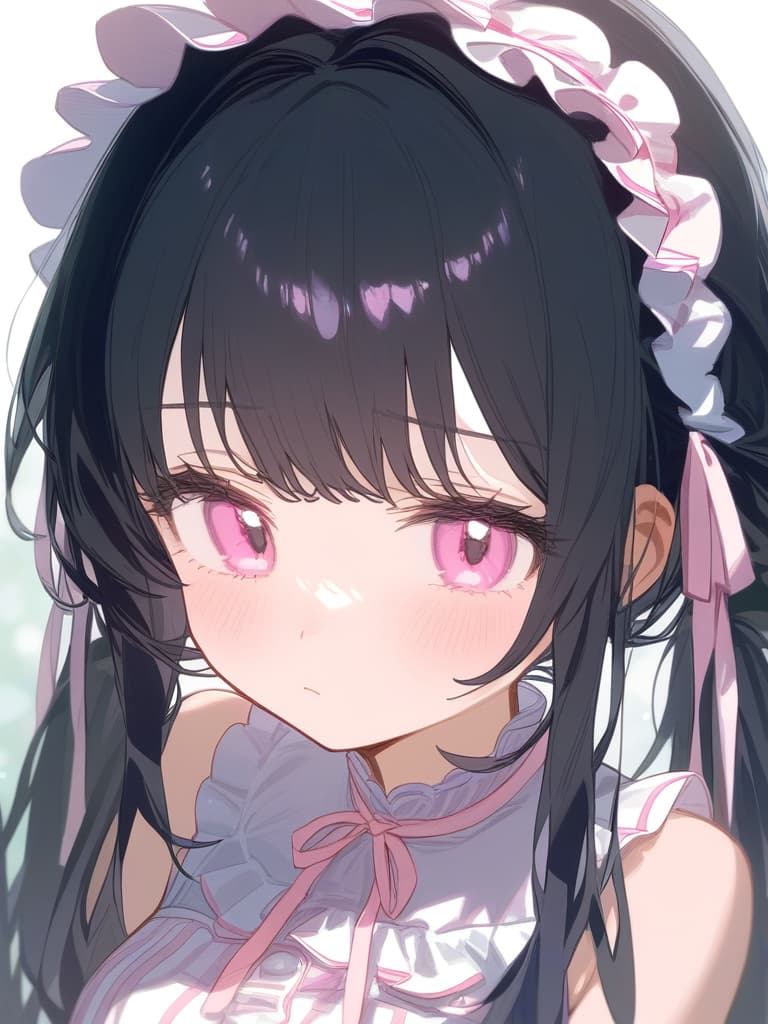  girl,solo,cute face focus,light pink eyes,black hair,headdress,corset,frill onepiece,frill ribbon,long straight hair,cute girl,young,cute color,shy,pink gradation hair color,white eyelash color,low twin tails,