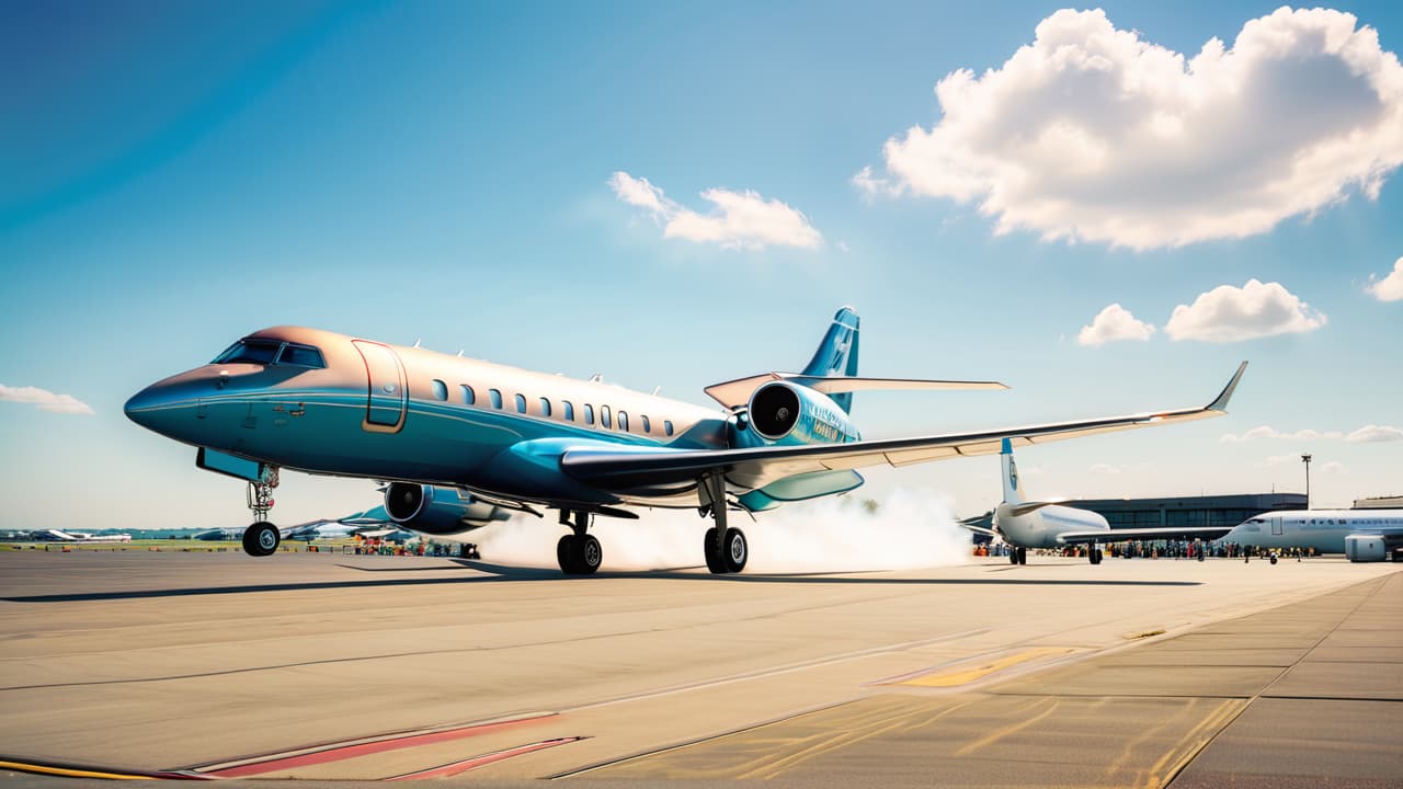  a sleek, vintage commercial jet taking off from a bustling airport, surrounded by curious onlookers, with a clear blue sky and fluffy white clouds, evoking a sense of historic aviation excitement and progress. hyperrealistic, full body, detailed clothing, highly detailed, cinematic lighting, stunningly beautiful, intricate, sharp focus, f/1. 8, 85mm, (centered image composition), (professionally color graded), ((bright soft diffused light)), volumetric fog, trending on instagram, trending on tumblr, HDR 4K, 8K