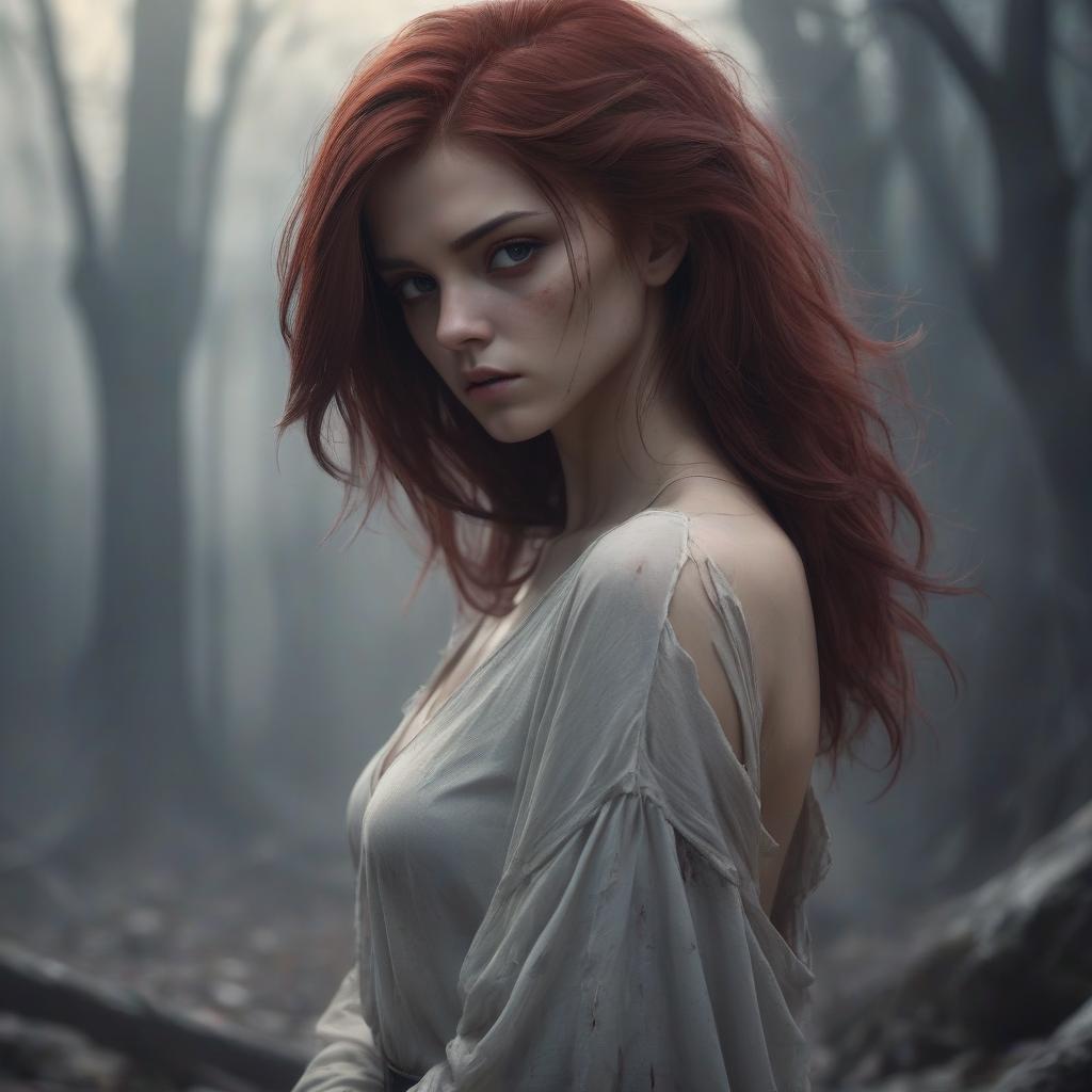  a girl with a brooding look, bloody hair, graceful and beautiful figure, high detail, soft light, artistic style, mysterious atmosphere