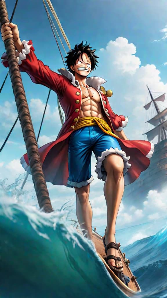  anime art, one piece's luffy sailing the seas, dreaming of becoming the pirate king, vibrant and adventurous hyperrealistic, full body, detailed clothing, highly detailed, cinematic lighting, stunningly beautiful, intricate, sharp focus, f/1. 8, 85mm, (centered image composition), (professionally color graded), ((bright soft diffused light)), volumetric fog, trending on instagram, trending on tumblr, HDR 4K, 8K