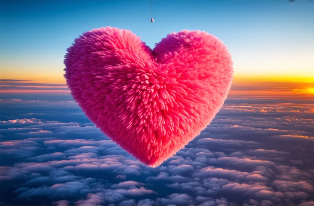  professional detailed photography, three dimensional photo ((((huge pink cotton heart ))))) soaring above the clouds against the background of the evening sunset. free space for text ar 3:2, (muted colors, dim colors, soothing tones), (vsco:0.3)