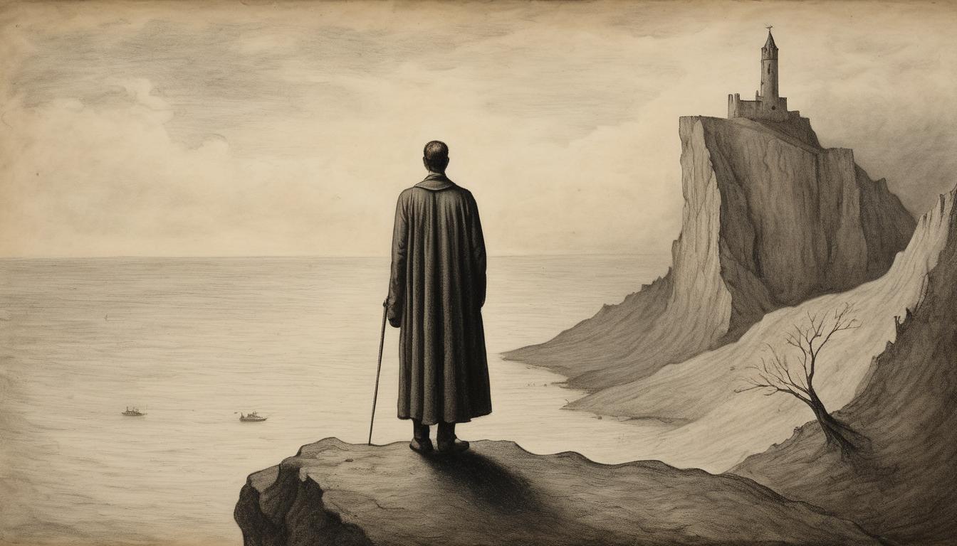  on parchment, surrealism++, a solitary figure standing on a cliff edge, back turned, overlooking a vast, empty expanse, detachment, solitude(mysterious, provocative, symbolic)++