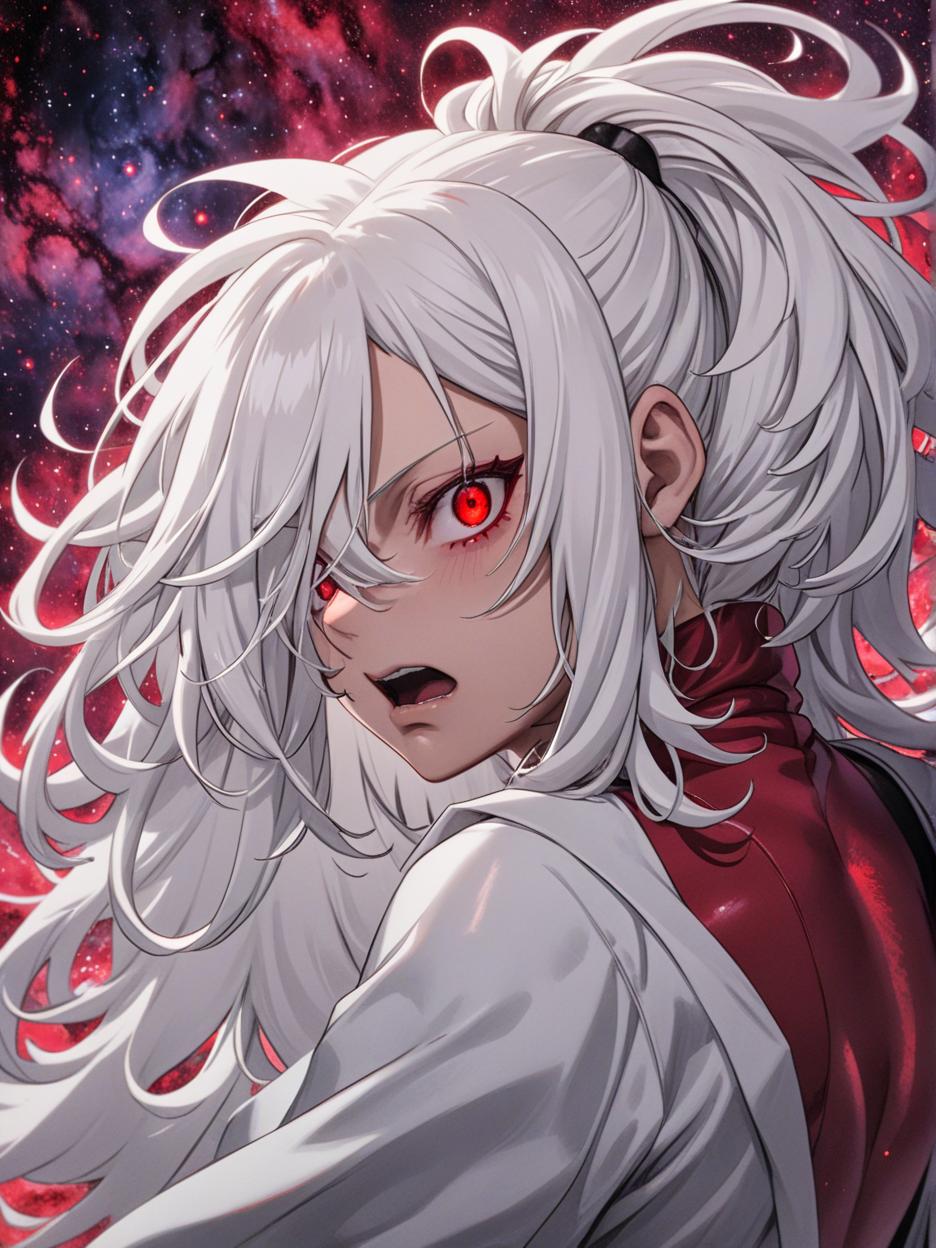  manga artwork anime art, satoru gojo, jujutsu kaisen, woman version, beautiful woman with large length white hair, red galaxy eyes, revealing his deep red eyes, staring at the spectators. training room background, hyper realistic atmospheres, details, 8k. manga artist. manga, highly emotional. best quality, high resolution