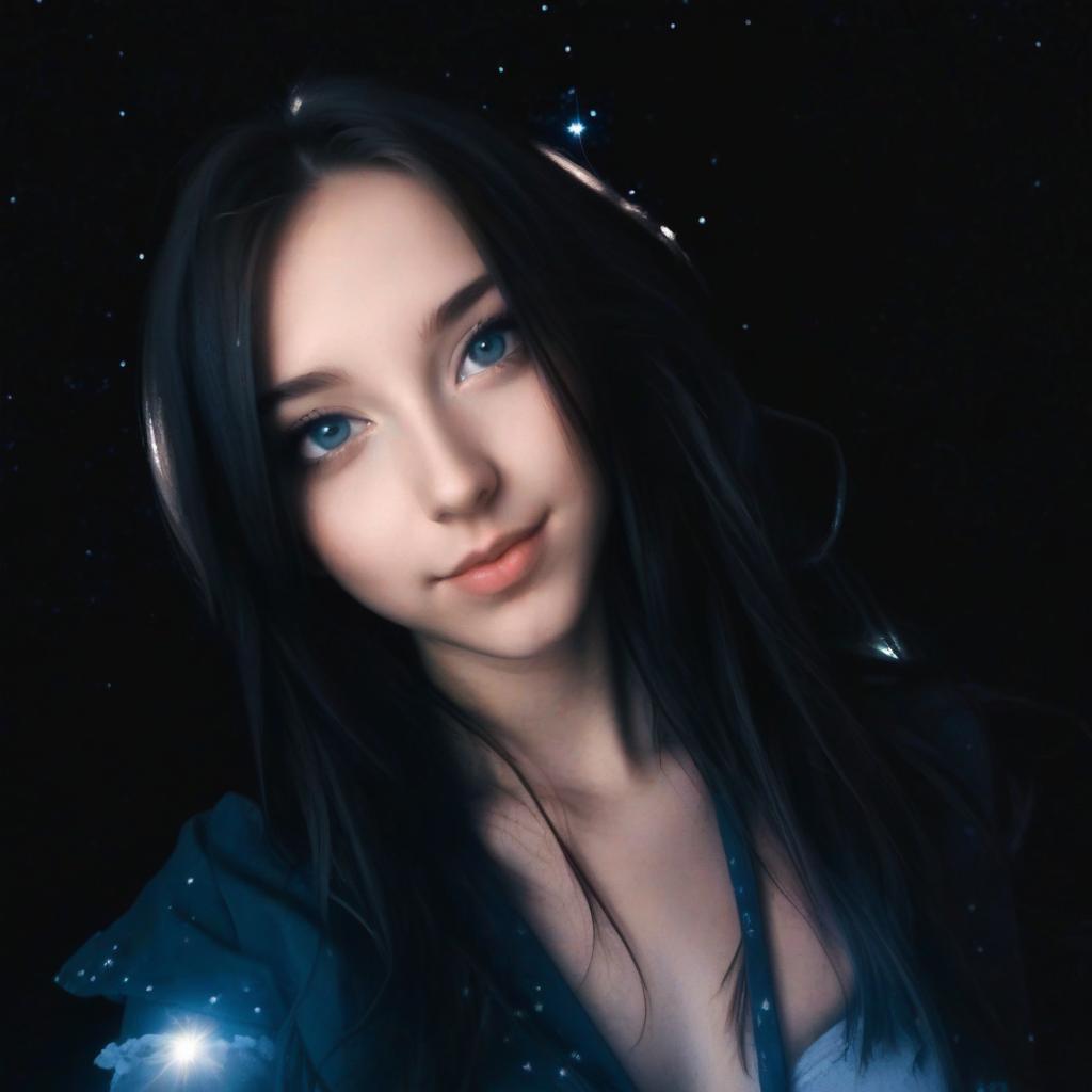  the girl poses in a photo, against the night sky