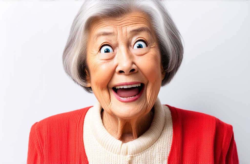  shocked surprised asian senior woman isolated on white background, close up, funny cartoon illustration ar 3:2 {prompt}, maximum details