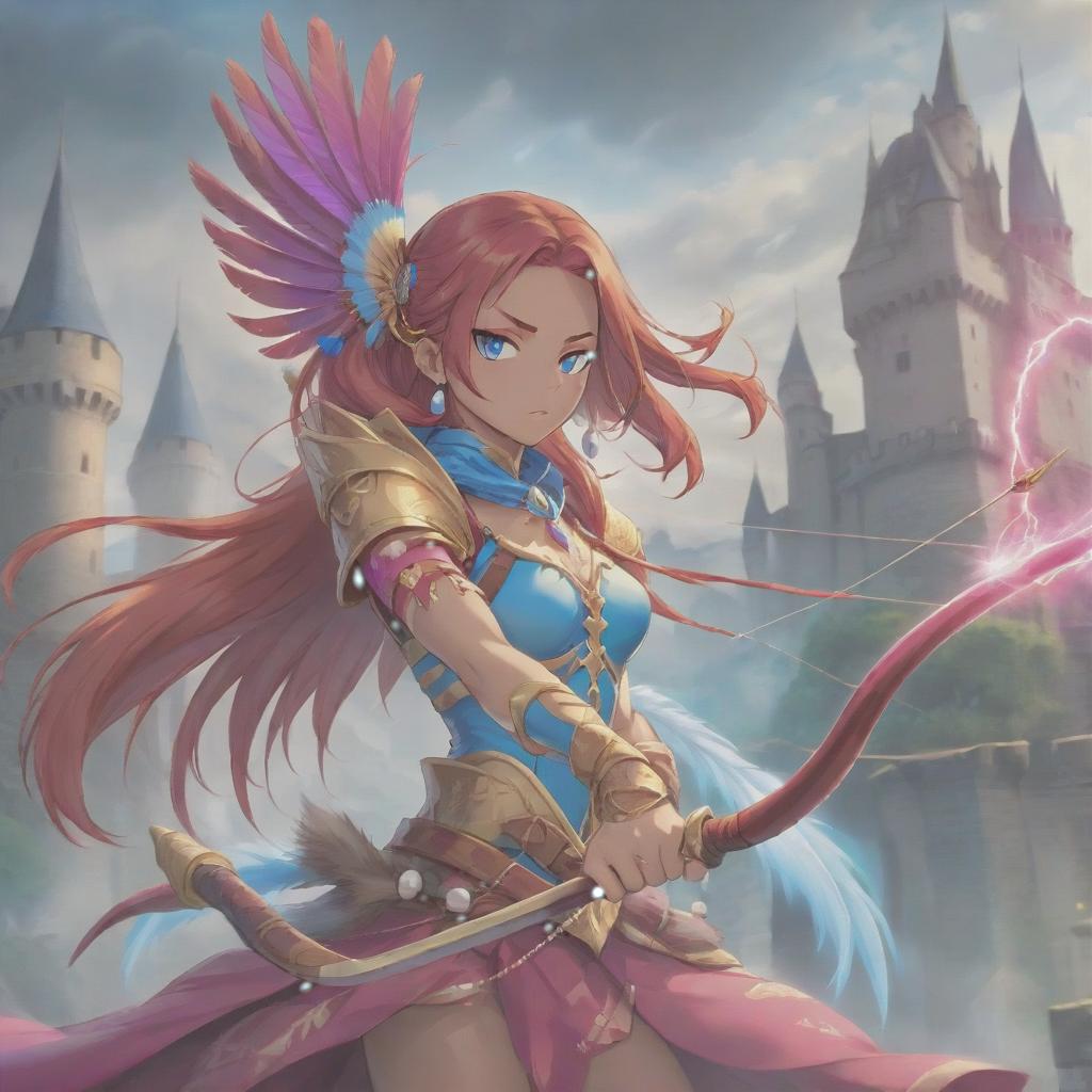  long exposure photo of portrait of strong rage amazonas queen archer. blue eye. long red hair. tilting head down, magenta mantle, shoulder pad feather, accessory necklace with pearls on the forehead, against the background of the castle siege . blurred motion, streaks of light, surreal, dreamy, ghosting effect, highly detailed, sticker, hkmagic