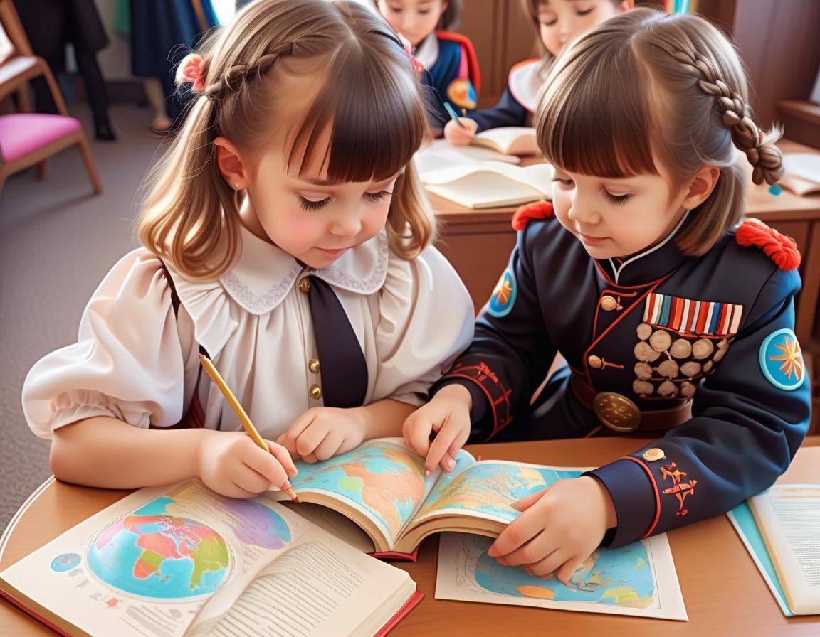  kawaii style cute kids in cossack uniforms studying the globe . cute, adorable, brightly colored, cheerful, anime influence, highly detailed