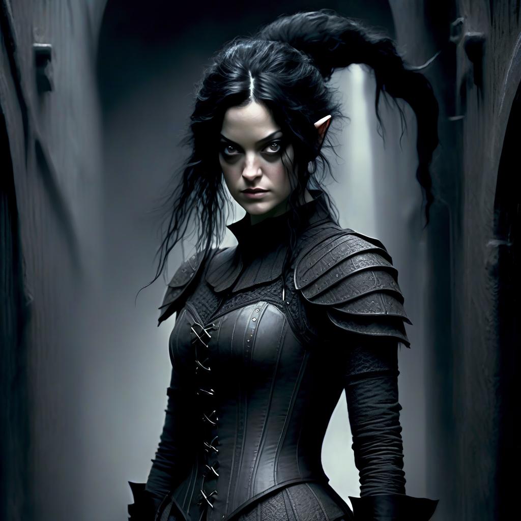  macabre style drawn by marion cotillard, an elf thief fighter with straight black hair in a gray corset with leather elbows, standing in full height in a dark hall. . dark, gothic, grim, haunting, highly detailed, perfecteyes, perfect hands