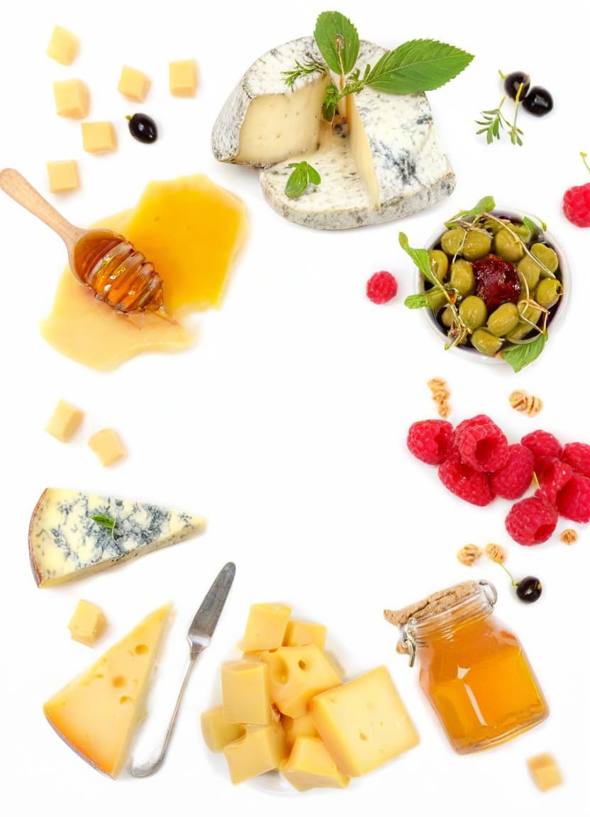  food photography style a beautiful composition of several types of cheese on the table, as well as honey and raspberry jam, several raspberries and olives . appetizing, professional, culinary, high resolution, commercial, highly detailed, film photography style