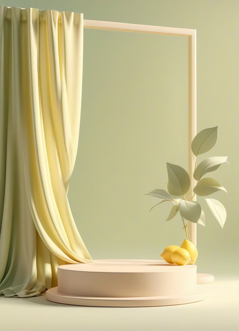  3d display podium, beige background with soft lemon color, soft green color cloth curtain. nature wind. beauty, cosmetic product presentation stand. luxury feminine mockup 3d render advertisement.