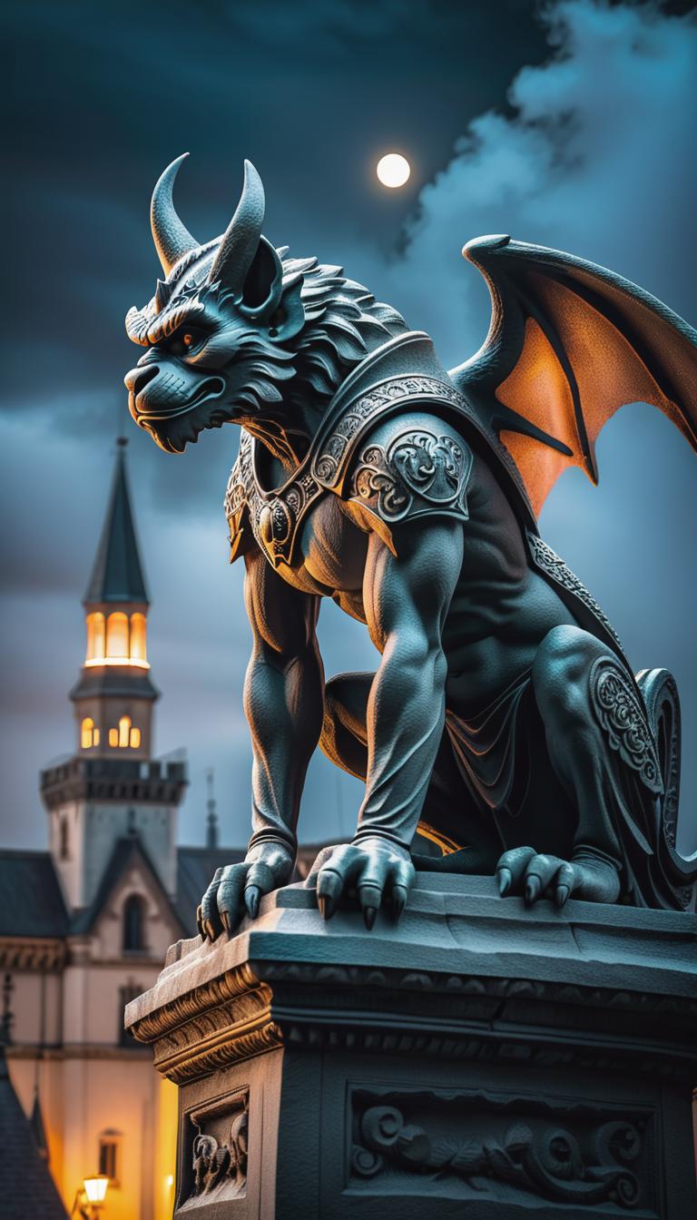  gothic style depiction of a gargoyle perched on a moonlit tower. dark, mysterious, scary, haunting, dramatic, ornate, detailed. . dark, mysterious, haunting, dramatic, ornate, detailed, hyperrealistic, full body, detailed clothing, highly detailed, cinematic lighting, stunningly beautiful, intricate, sharp focus, f/1. 8, 85mm, (centered image composition), (professionally color graded), ((bright soft diffused light)), volumetric fog, trending on instagram, trending on tumblr, HDR 4K, 8K