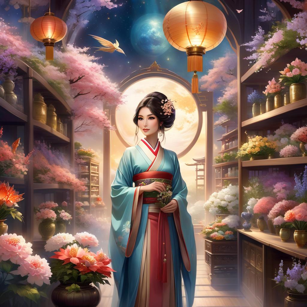  ethereal fantasy concept art of (inout a japanese flower shop:1.2), a beautiful japanese woman in full height, in a traditional kimono. makes ikebana bouquets from sakura flowers, against the backdrop of shelves with many bouquets of ekibana, oil painting, watercolor, intricate details, dark fantasy, space station, extremely best quality, masterpiece, by wadim kashin, 8k . magnificent, celestial, ethereal, painterly, epic, majestic, magical, fantasy art, cover art, dreamy