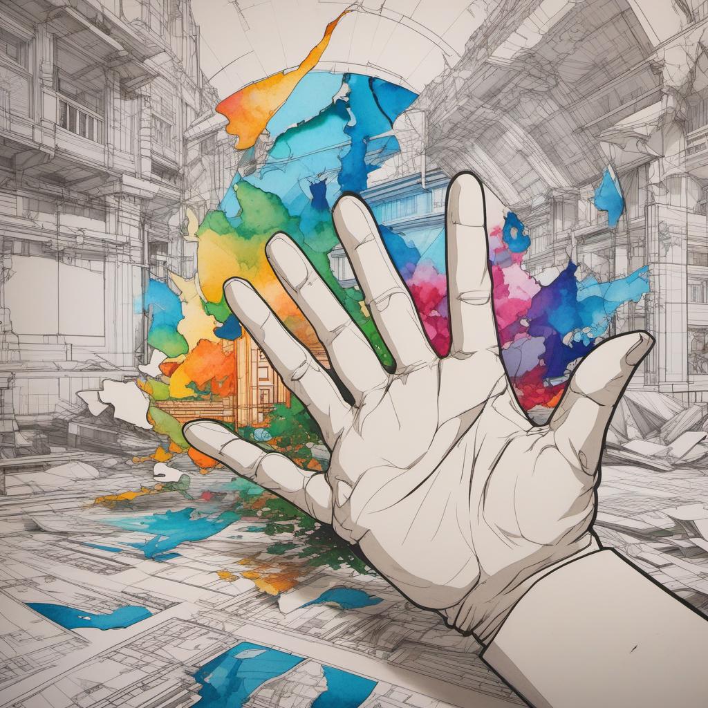  anime style showing architectural blueprints. the paper is cracked in the center, revealing two hands ripping the paper from the inside. vivid colors., painting style