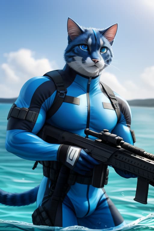  Cat fursona, Male, Big muscles, Royal Blue fur, Bright Blue eyes, Skintight neoprene suit, water, tactical gear, diving gear, rifle, open eyes, digital art, masterpiece, 4k, fine details,