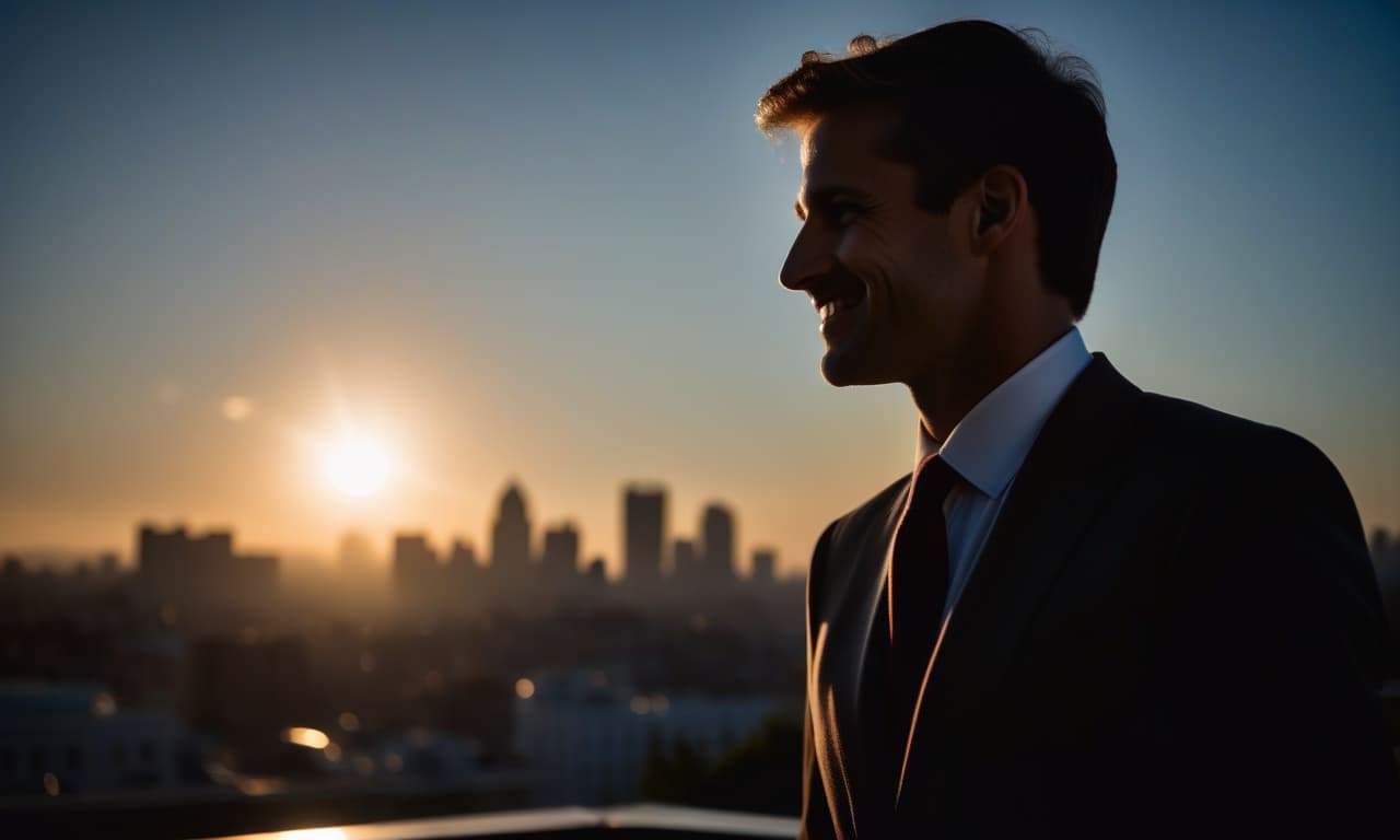  cinematic film still sunrise in the background, a piece of sun is visible, in the foreground from the side a man in a suit illuminated by a searchlight in the front, slightly smiles, a close up face, photorealism, in the background the silhouette of the city in a blurred focus is slightly dark. . shallow depth of field, vignette, highly detailed, high budget, bokeh, cinemascope, moody, epic, gorgeous, film grain, grainy