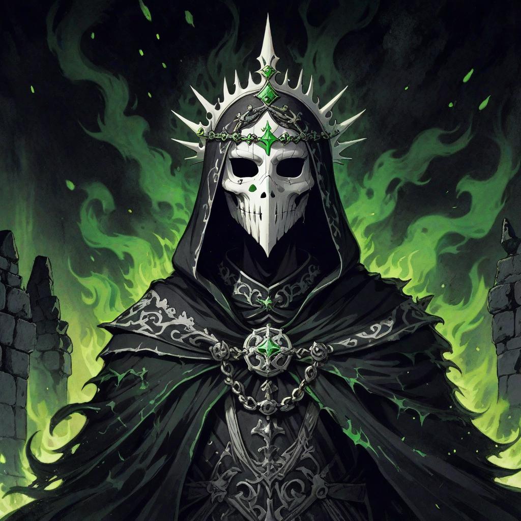  manga artwork dark figure with a ornamented black tunic, white bone mask and a white bone crown. the background has stone ruins and green flames. rpg anime style . manga artist. manga, highly emotional. best quality, high resolution