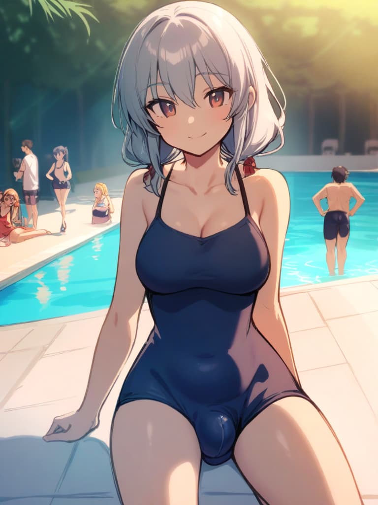  women's elementary students (male), twin tails, cute smiles, rich s, low stature, dark blue swimwear, old swimwear, , simple, , (bulge), male (bulging), front, whole body, pool side,