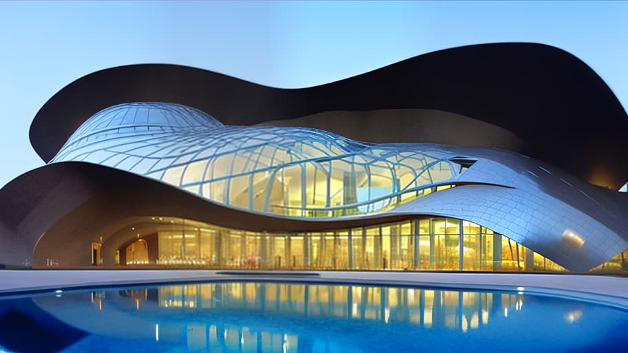 dvarchmodern create a concept concert complex that resembles the shape of a fish, made in a modern architectural style. the frame of the building should resemble a fish skeleton. use modern materials such as glass, metal and concrete to emphasize the elegance and dynamism of the design. the complex should harmoniously fit into the site with a significant relief, given the height difference of 28 meters for 215 meters. include elements that reflect the acoustic properties and aesthetics of the aquatic environment, as well as comfortable areas for spectators and artists. consider the lighting and landscape designs that emphasize the concept of "fish" and create the atmosphere at concerts., geometric , structural , aesthetic , by julius shulman, andreas gu