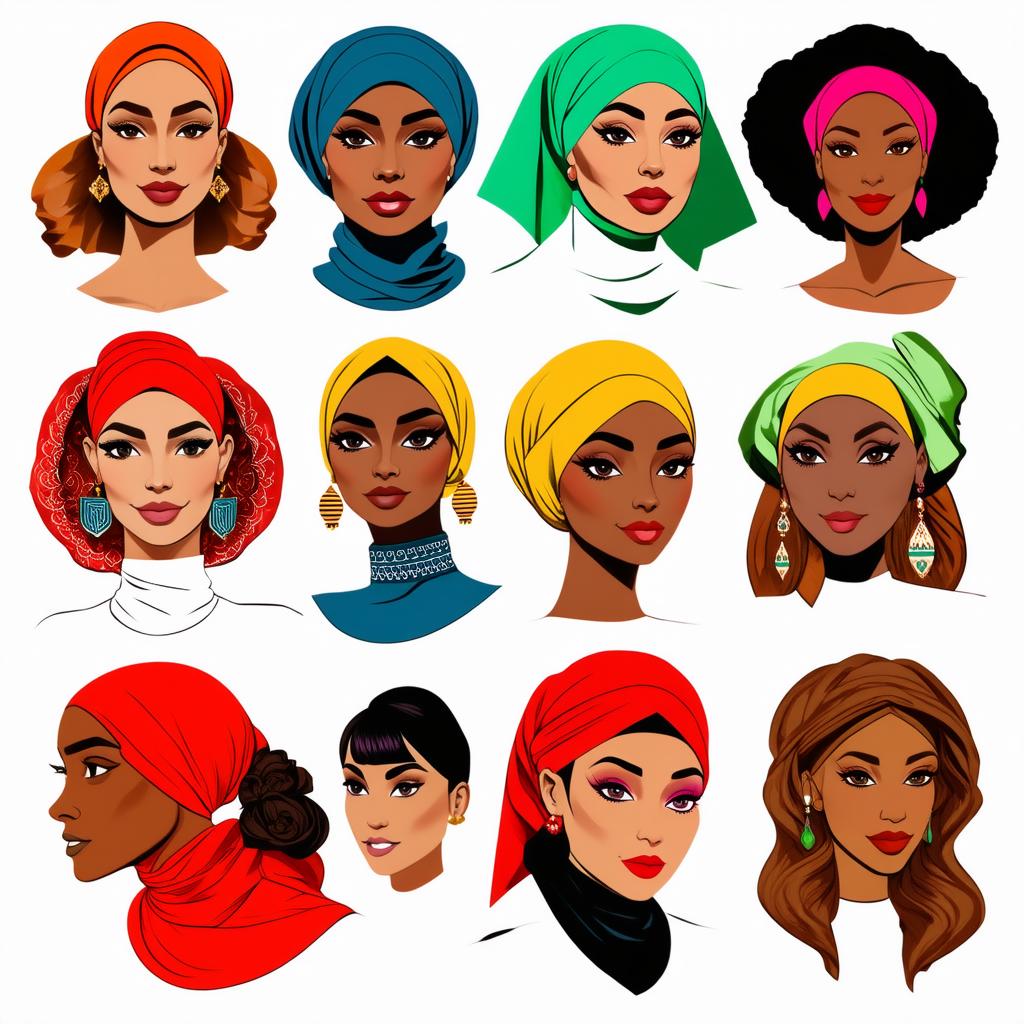  different beauty. set of different female heads in headscarf. different races and nationalities. colored hand drawn illustration {prompt}, maximum details