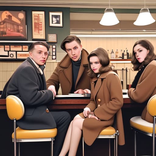  4 people seated at barstools they are all facing front and looking upwards the first man is wearing a light brown wool coat and there is a man seated behind him there is a woman standing right behind him but leaning a little towards her left it’s the 1960s and the colors are light pastel