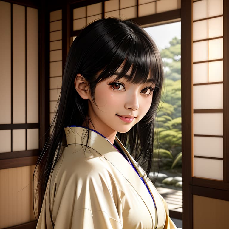  a serene, natural light portrait of a young japanese woman with long, straight black hair and soft bangs, wearing a light, traditional kimono. she has large, expressive brown eyes, soft natural makeup, and a gentle, calm expression with a cute, smiling face. she is facing directly forward, with her face fully visible. the background features a traditional japanese wooden interior with sunlight filtering through shoji screens, creating a warm and peaceful atmosphere.