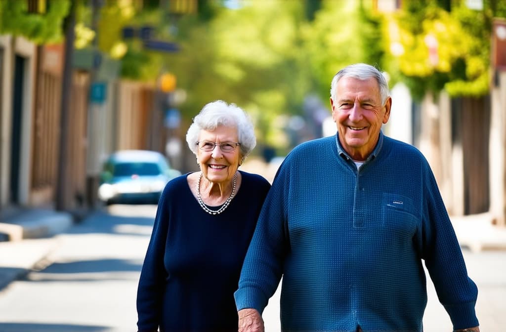  grandma and grandpa walking down the street, sunny day ar 3:2, (natural skin texture), highly detailed face, depth of field, hyperrealism, soft light, muted colors