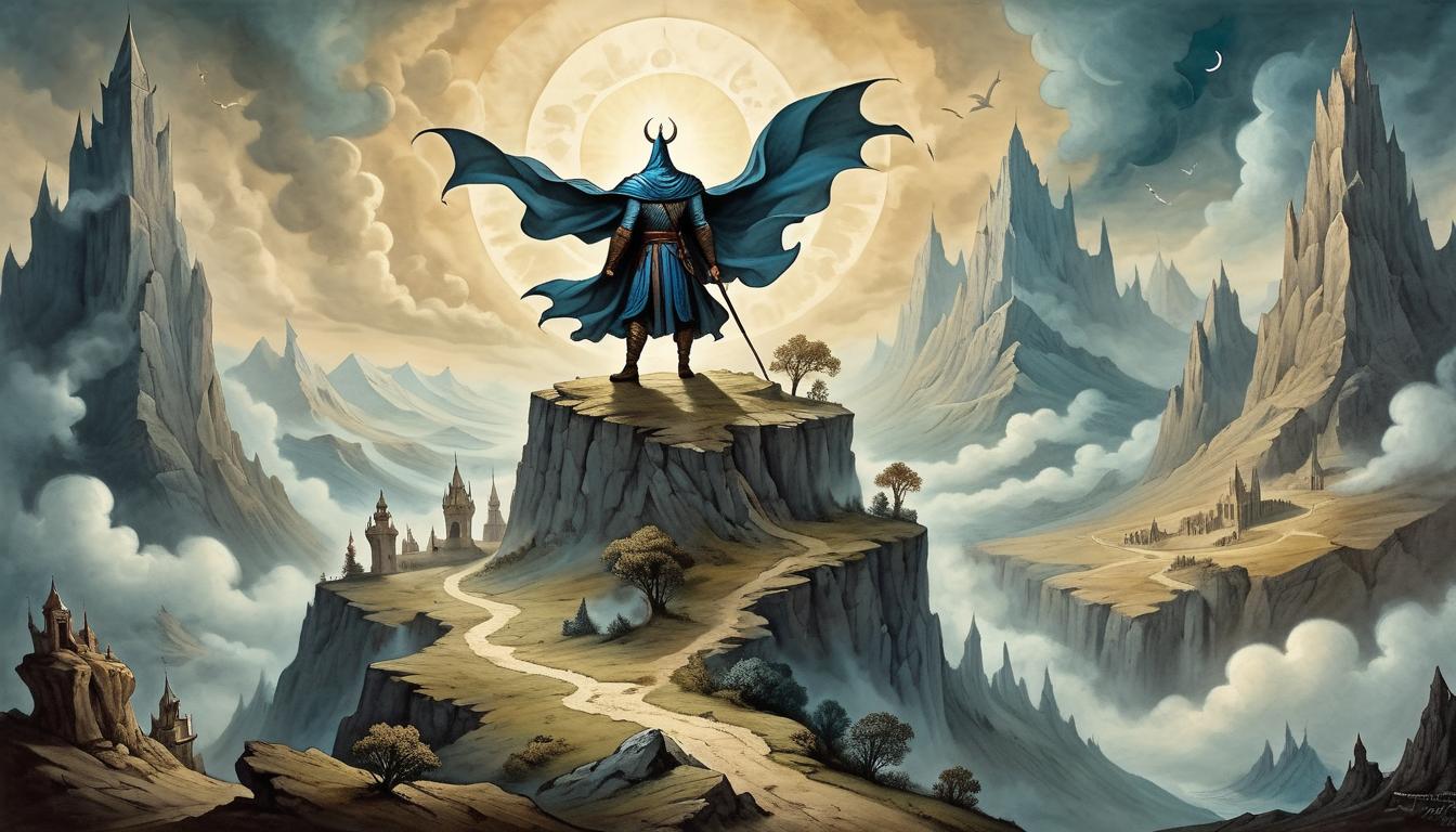  on parchment, surrealism+++, victorious figure atop a high peak, flowing cape, radiant, triumphant, eternal, unshakable(mysterious, provocative, symbolic,muted color)+++