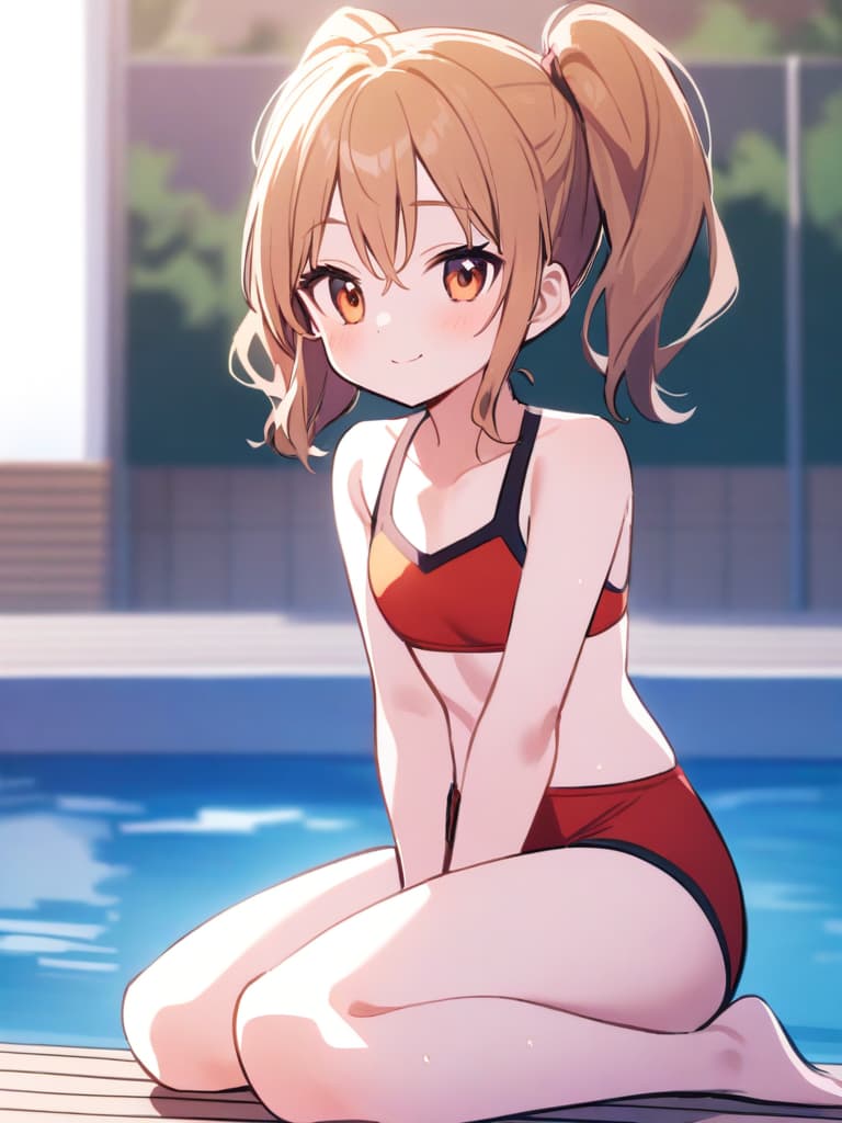  women's elementary students, twin tails, cute smiles, swimwear, male (bulging), poolside, whole body,