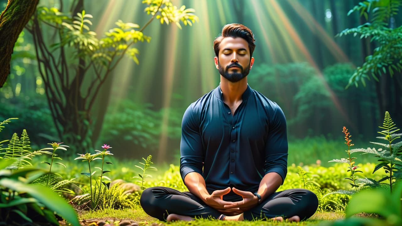  a serene scene depicting a person meditating in nature, surrounded by lush greenery, essential oils, crystals, and herbal tea, embodying balance of body, mind, and spirit in holistic wellness. hyperrealistic, full body, detailed clothing, highly detailed, cinematic lighting, stunningly beautiful, intricate, sharp focus, f/1. 8, 85mm, (centered image composition), (professionally color graded), ((bright soft diffused light)), volumetric fog, trending on instagram, trending on tumblr, HDR 4K, 8K