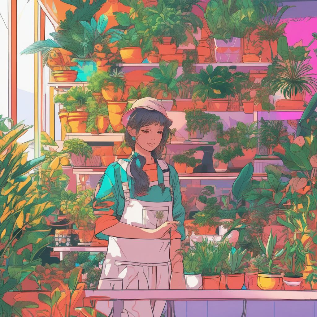  Detailed line art of close-up anime girl, beautiful face, head and shoulders portrait, neon signs, plant shop, indoor plants, akira style, fine details, manga, cell shading, pastel colors, neon colors, bright colors, vibrant colors