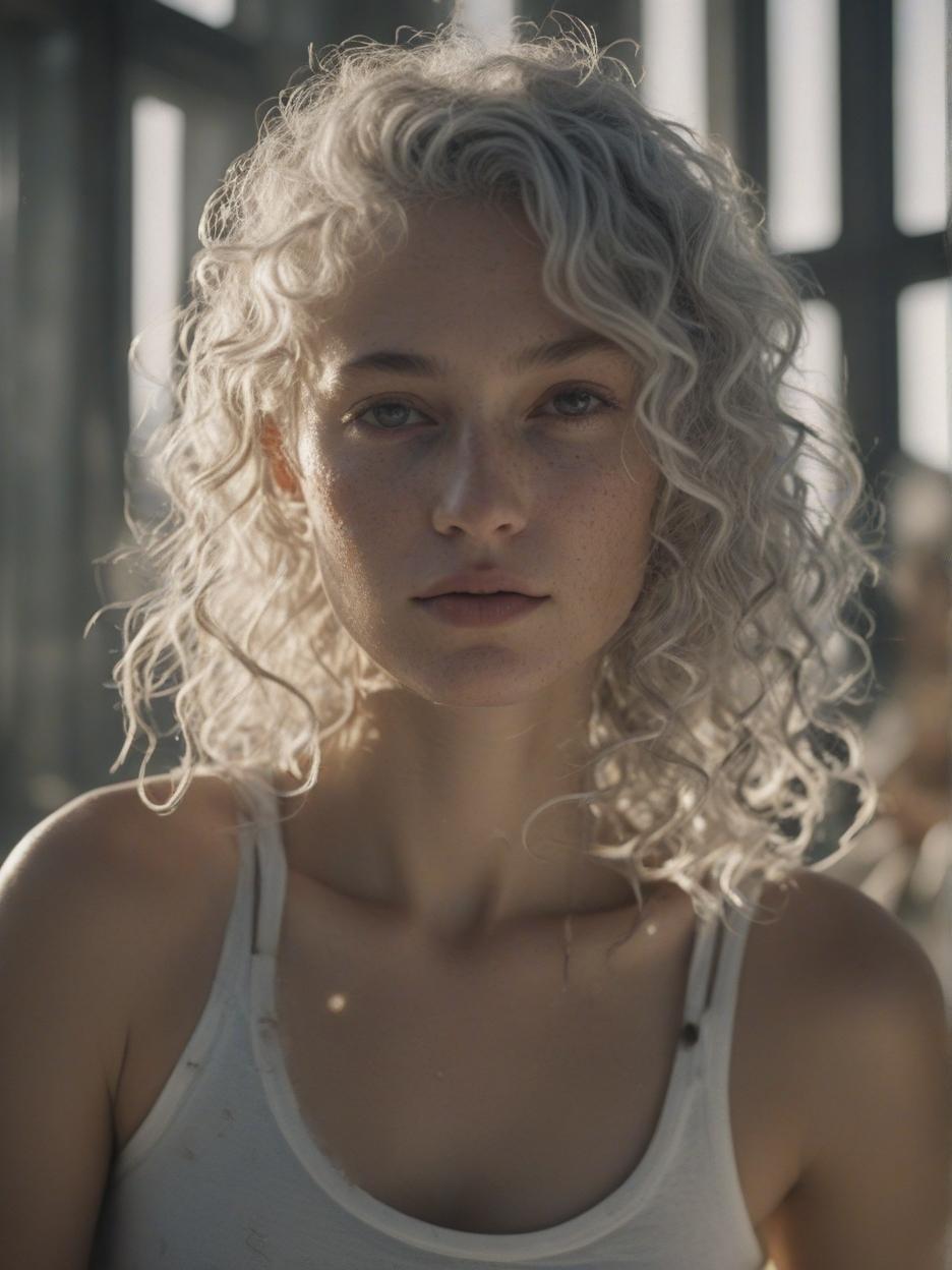  the image is a blurry and grainy analog film still captured using an extreme close up technique. the photograph was taken using a 18mm wide angle lens with a wide aperture f stop of 1.8. of a translucent healthy athletic 3 old jewish woman with short curly damp silvery white bleached hair with wavy patterns, with large heavy natural s, teardrop , with a faded tattoo visible on her shoulder, in a futuristic sunlit laboratory ed in light, huge windows with skyscrs visible outside, chaise longue leather couch, moist hardwood floors, a large exotic oriental carpet visible on the floor, oil particles in the air, dust glittering in the air, harsh bright lighting, early morning sunshine rays streaming 