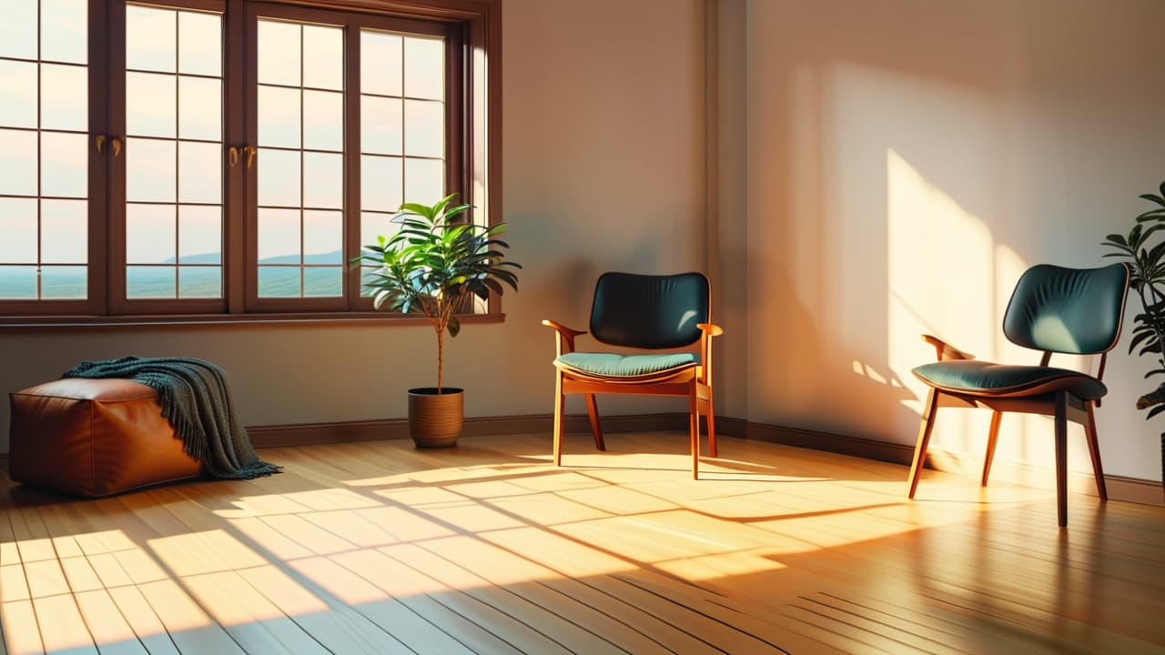  a serene, sunlit room with a single, simple chair, a potted plant, and a large window showcasing a peaceful landscape, embodying tranquility and minimalism, inviting contemplation on lifestyle choices. hyperrealistic, full body, detailed clothing, highly detailed, cinematic lighting, stunningly beautiful, intricate, sharp focus, f/1. 8, 85mm, (centered image composition), (professionally color graded), ((bright soft diffused light)), volumetric fog, trending on instagram, trending on tumblr, HDR 4K, 8K