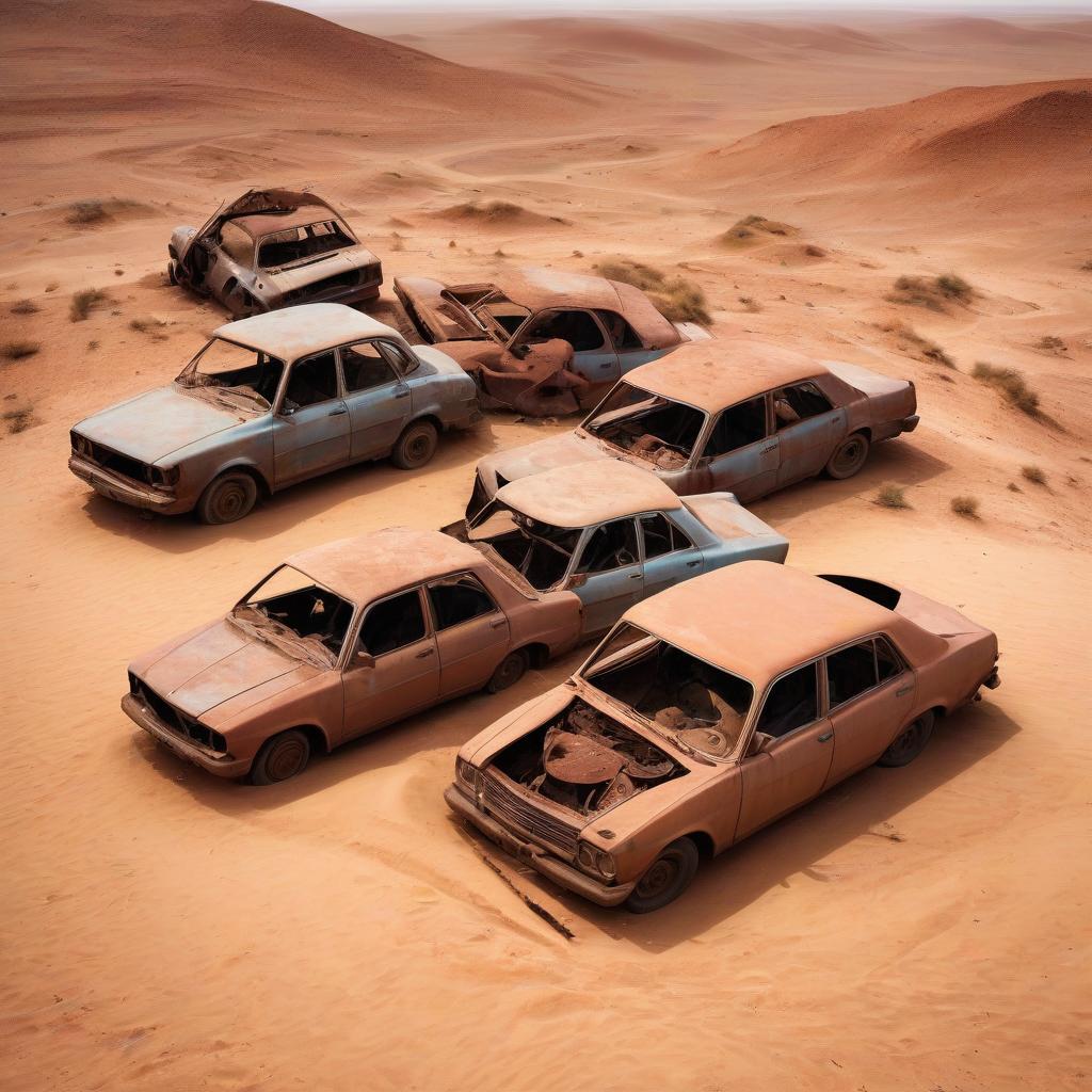  a pile of old rusty cars in the desert. on top lie two lifeless camels.