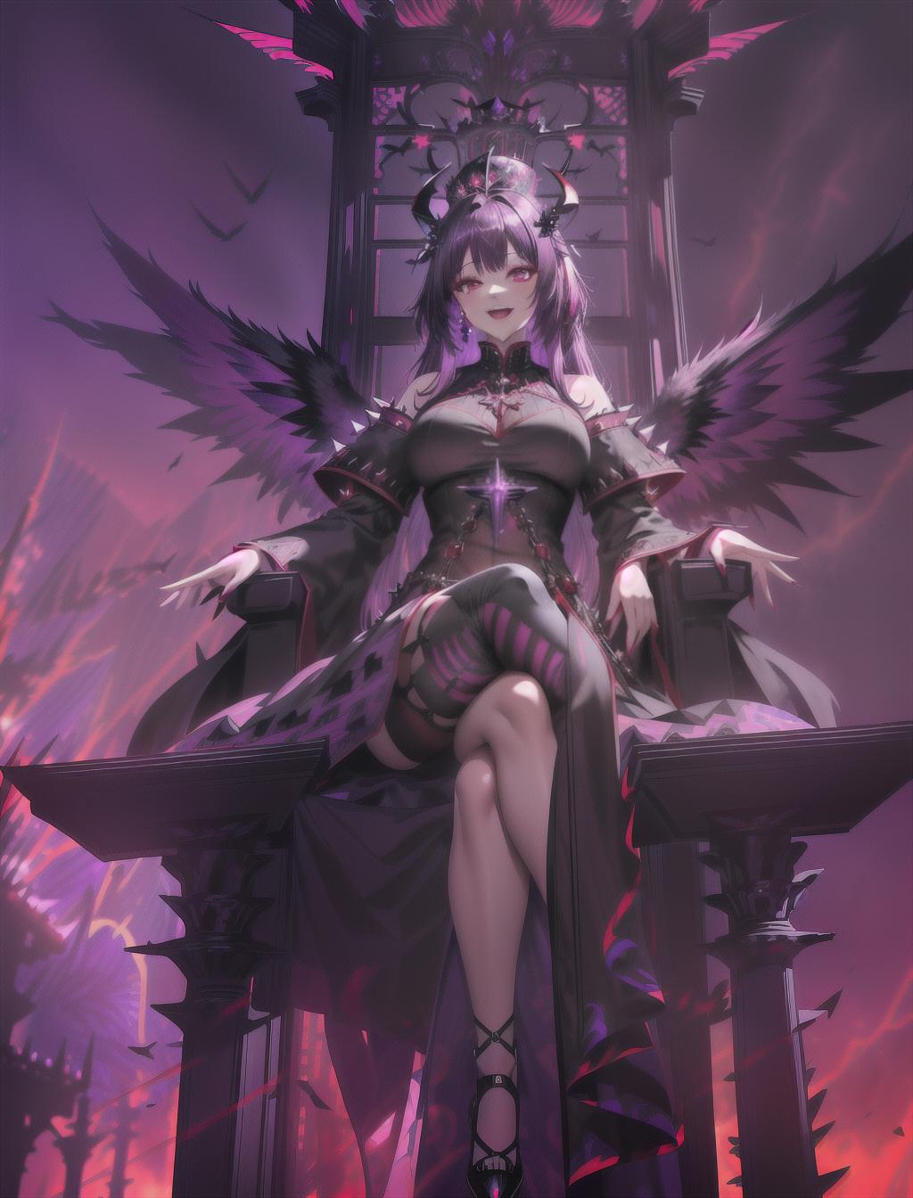  masterpiece, best quality, solo, tall, perfectly proportioned figure, blood red hair with intricate purple patterns, cinematic lighting, piercing red eyes, (large black wings:1.4), tattoos along her hands, red and purple skirt, black thigh high heels, (tall big throne:1.3), laughing, looking down to camera, (black tall spiky crown:1.3), long thin horns, crossing legs, (magnificent castle background:1.2)