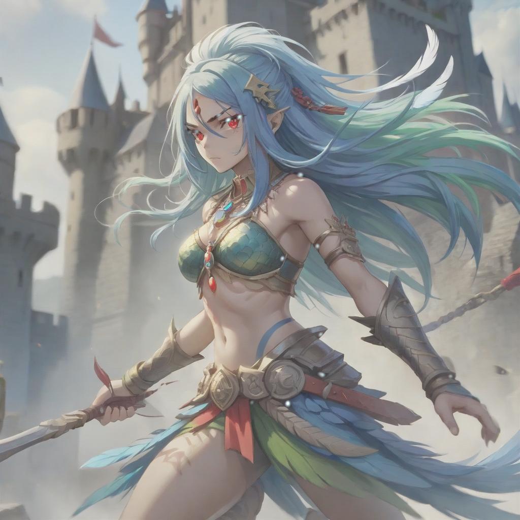  long exposure photo of portrait of strong rage amazonas warrior. red eye. long blue hair. tilting head down, lightgreen mantle, shoulder pad feather, accessory necklace with pearls on the forehead, against the background of the castle siege . blurred motion, streaks of light, surreal, dreamy, ghosting effect, highly detailed, sticker, hkmagic