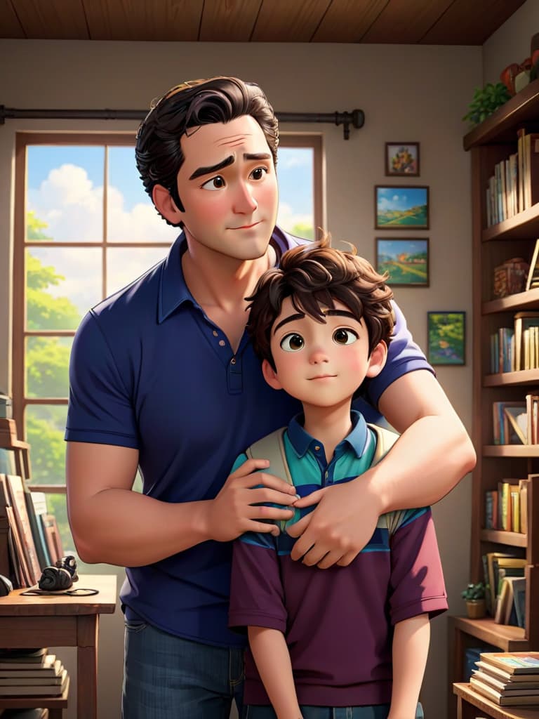  father and son, happy moment, pixar style, anime artwork, anime style, key visual, vibrant, studio anime, highly detailed