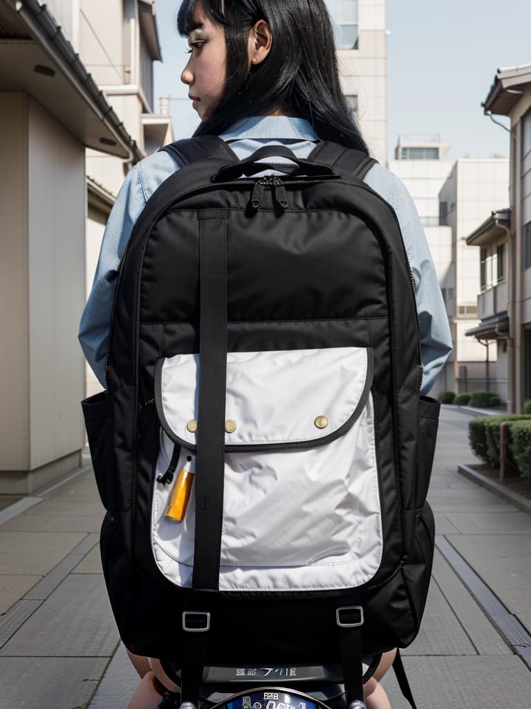  riding a school bag, back, bob, black hair, japanese cityscape, elementary school student, masterpiece, best quality,8k,ultra detailed,high resolution,an extremely delicate and beautiful,hyper detail